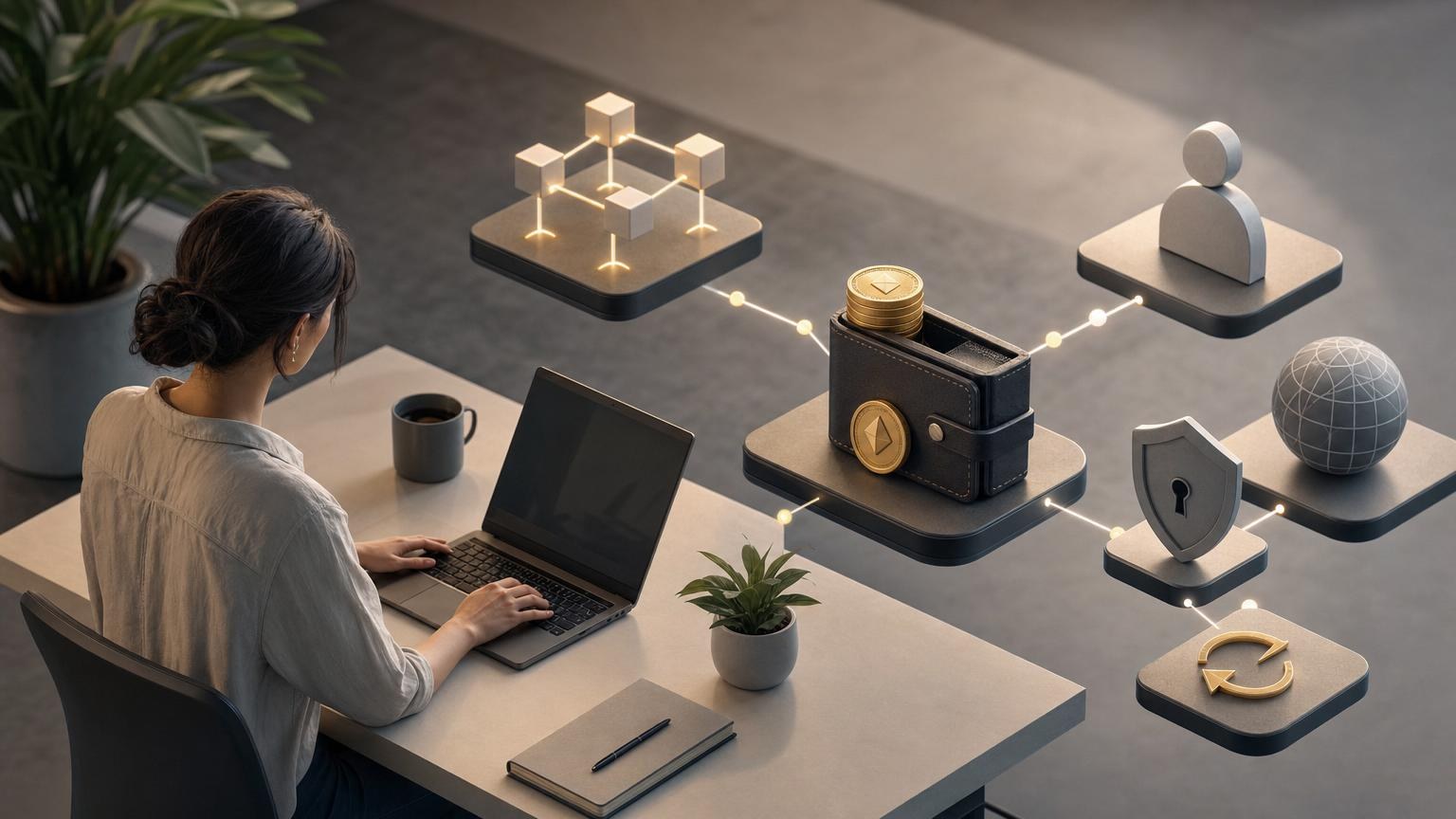 A freelancer reviewing a cryptocurrency invoice, wallet address, network details, and exchange options before accepting an international payment